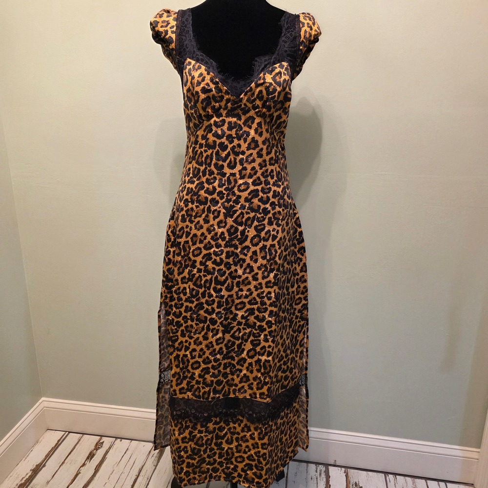 Free People Foolish Heart Midi Dress Leopard Print Lace Trim Size S NWT